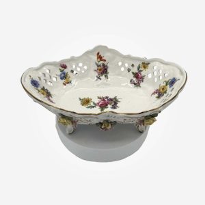 Antique Dresden Porcelain Pierced Footed Floral Basket