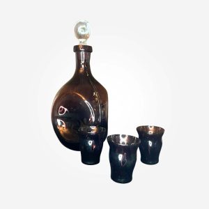 Pinched Amethyst Glass Bottle w/ stopper And 3 Glasses