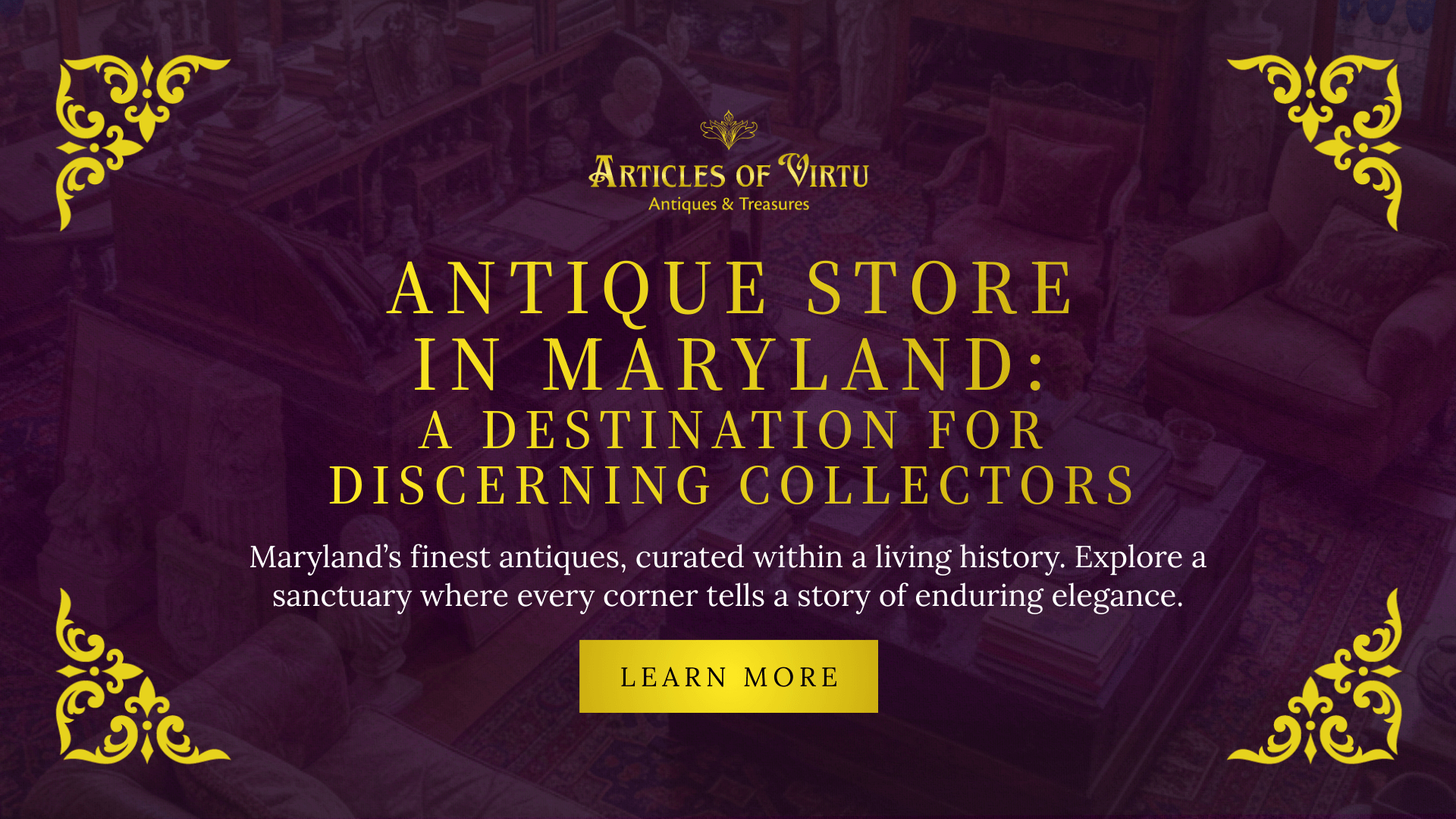 A sprawling view of a curated showroom filled with historic furniture and collectibles represents a premier antique store in Maryland.