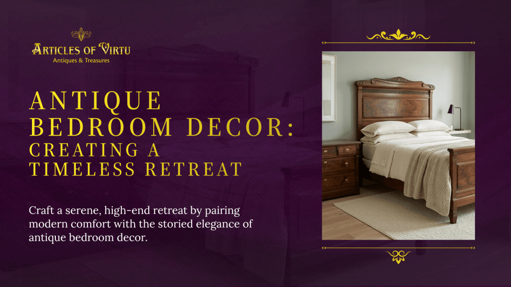 This high-end bedroom design blends soft, modern linens with the storied elegance of solid wood antique home decor.