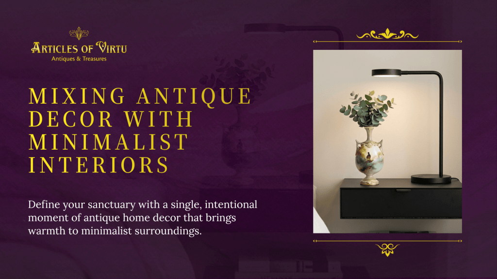 A hand-painted Royal Worcester bud vase on a floating black nightstand provides a single, intentional moment of antique home decor in a minimalist room.