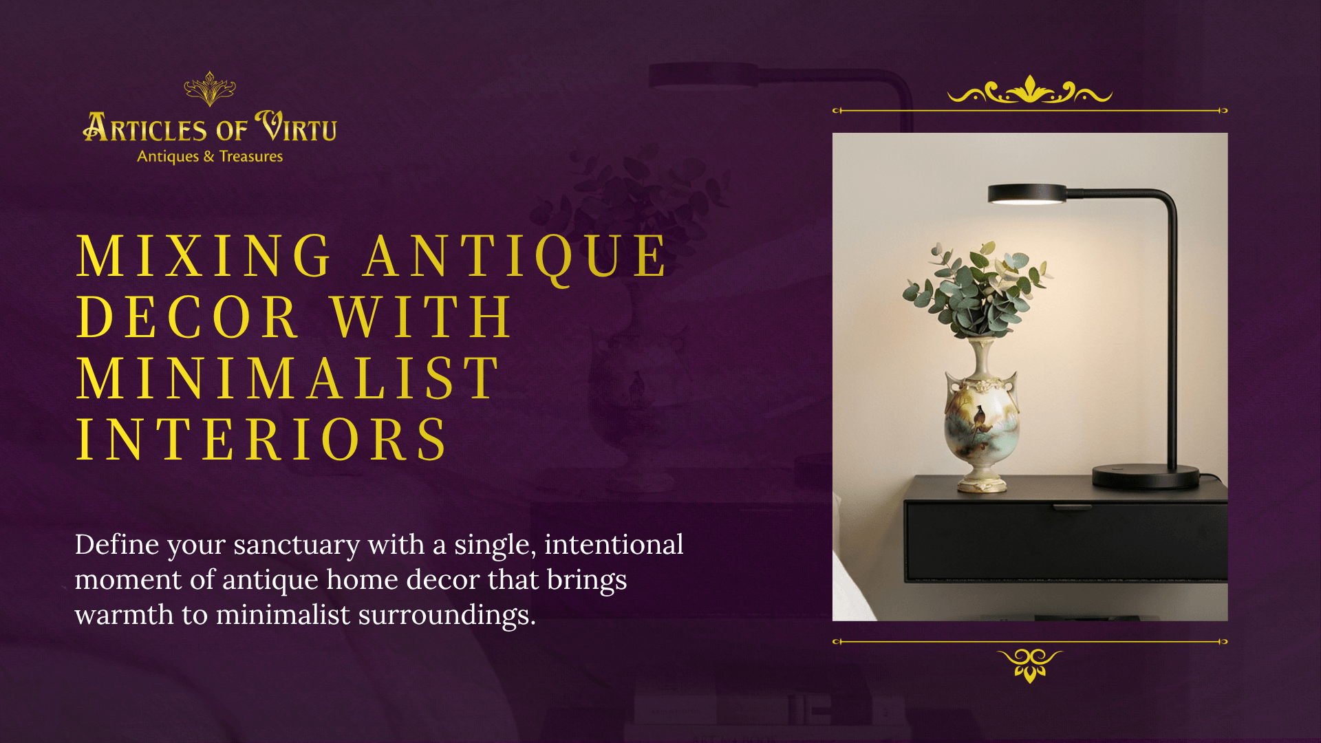 A hand-painted Royal Worcester bud vase on a floating black nightstand provides a single, intentional moment of antique home decor in a minimalist room.