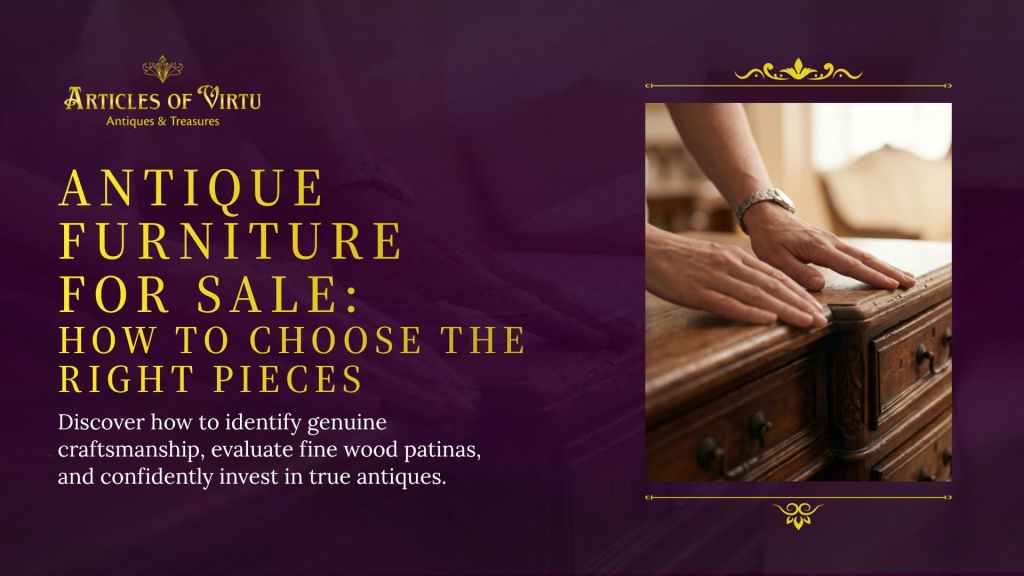 A collector examining the wooden surface and ornate hardware of a premium dresser, emphasizing the tactile inspection needed when choosing quality antique furniture for sale.