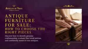 A collector examining the wooden surface and ornate hardware of a premium dresser, emphasizing the tactile inspection needed when choosing quality antique furniture for sale.