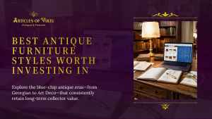 A laptop displaying a curated catalog of historic chairs and tables sits on a classic wooden desk alongside open research notebooks, highlighting valuable styles of investment-grade antique furniture for sale.
