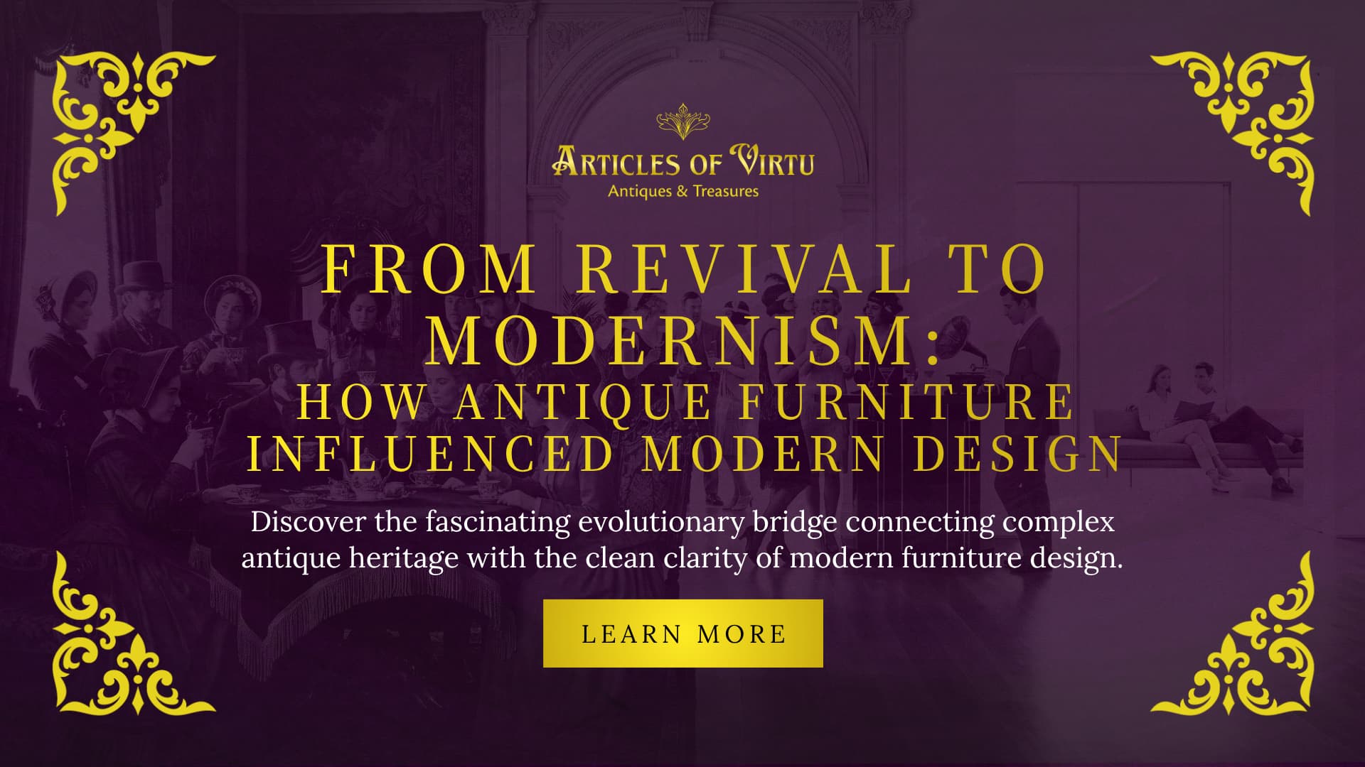A visual split showing a vintage monochrome gathering juxtaposed with a sleek, minimalist room layout to demonstrate how historic styles transitioned into modern furniture, highlighting timeless antique furniture for sale.