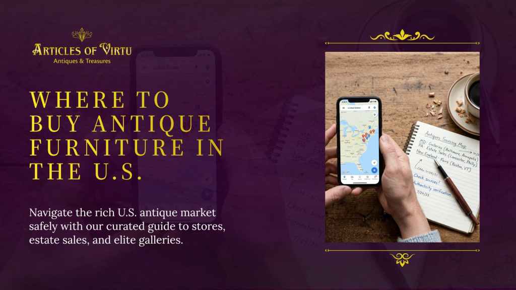 A top-down view of a map-filled smartphone and an antique sourcing log on a wooden desk, outlining prime locations and estate sales to find antique furniture for sale across the United States.