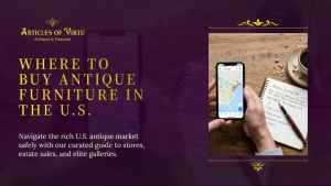 A top-down view of a map-filled smartphone and an antique sourcing log on a wooden desk, outlining prime locations and estate sales to find antique furniture for sale across the United States.